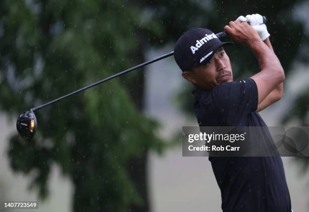 Satoshi Kodaira of Japan plays his tee shot on the third hole during the third round of the Barbasol Championship at Keene Trace Golf Club on July...