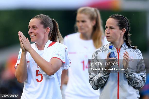 Noelle Maritz and Geraldine Reuteler of Switzerland applauds the fans after the UEFA Women's Euro 2022 group C match between Portugal and Switzerland...