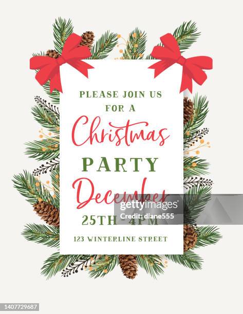 elegant evergreens christmas party invitation template - christmas invite stock illustrations