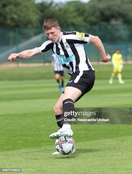 Elliot Anderson of Newcastle United controls the ball during the Pre-Season Friendly against Gateshead FC at Newcastle United Training Centre on July...