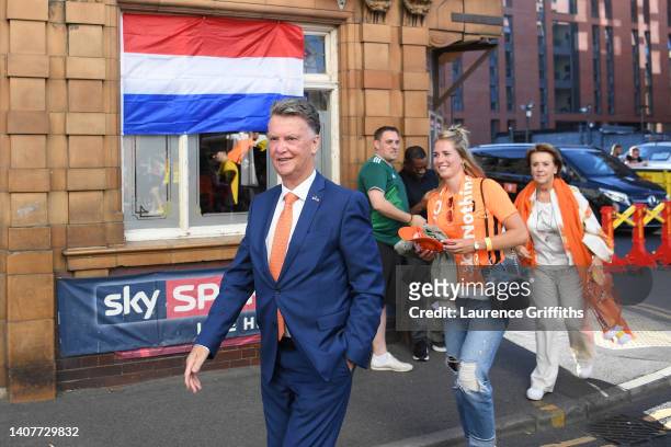 Louis van Gaal, Head Coach of The Netherlands Men's Team arrives at the stadium prior to the UEFA Women's Euro 2022 group C match between Netherlands...