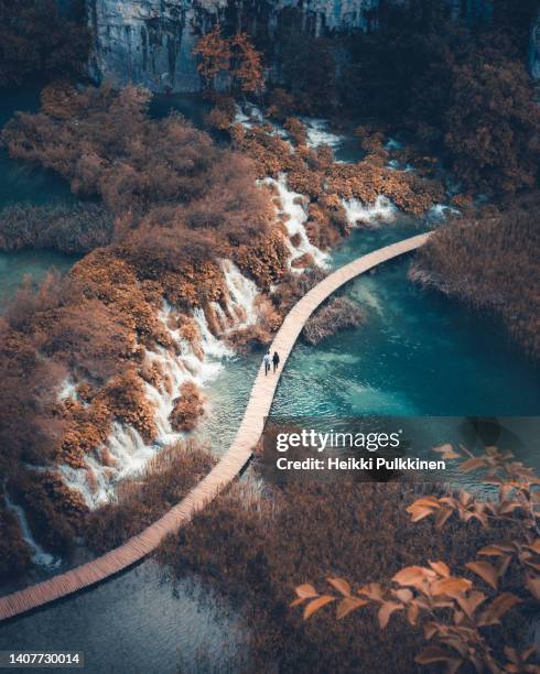 couple walking hand in hand at plitvice lakes national park, croatia. - footpath aerial stock pictures, royalty-free photos & images