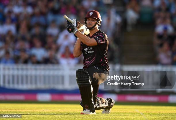 Rilee Rossouw of Somerset celebrates their half century during the Vitality T20 Blast Quarter Final match between Somerset and Derbyshire Falcons at...