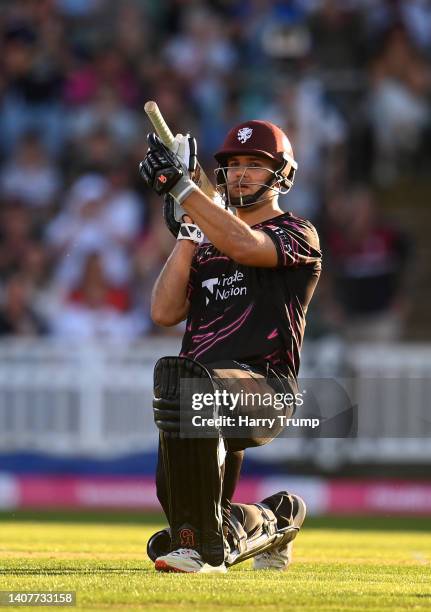 Rilee Rossouw of Somerset celebrates their half century during the Vitality T20 Blast Quarter Final match between Somerset and Derbyshire Falcons at...