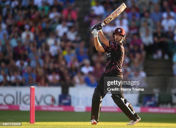 Rilee Rossouw of Somerset plays a shot during the Vitality T20 Blast Quarter Final match between Somerset and Derbyshire Falcons at The Cooper...