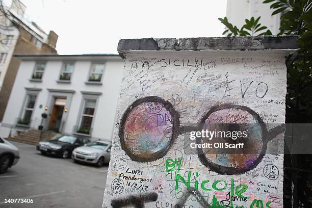 Beatles-themed graffiti on the wall of Abbey Road Studios in St John's Wood on March 5, 2012 in London, England. Abbey Road in North London has been...