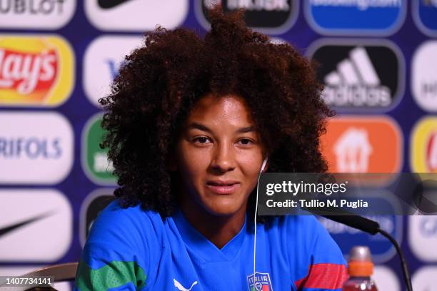 Sara Gama of Italy speaks to the media during the UEFA Women's Euro 2022 Italy Press Conference at The New York Stadium on July 09, 2022 in...