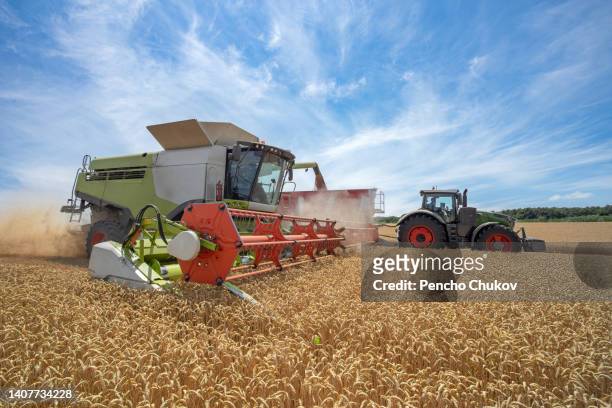 large combine harvesting crop and filling a tractor trailer, aerial view. - mähdrescher stock-fotos und bilder