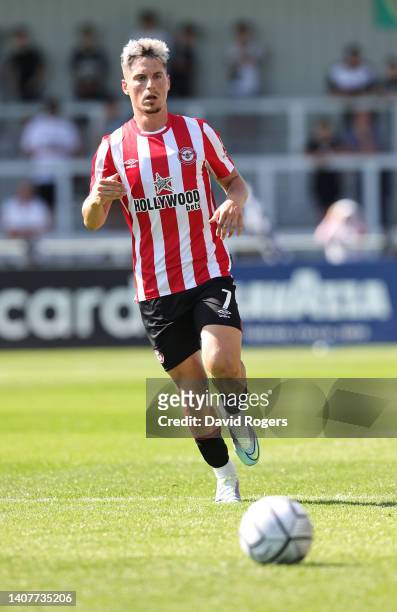 Sergi Canos of Brentford looks on during the pre season friendly match between Boreham Wood and Brentford at Meadow Park on July 09, 2022 in...