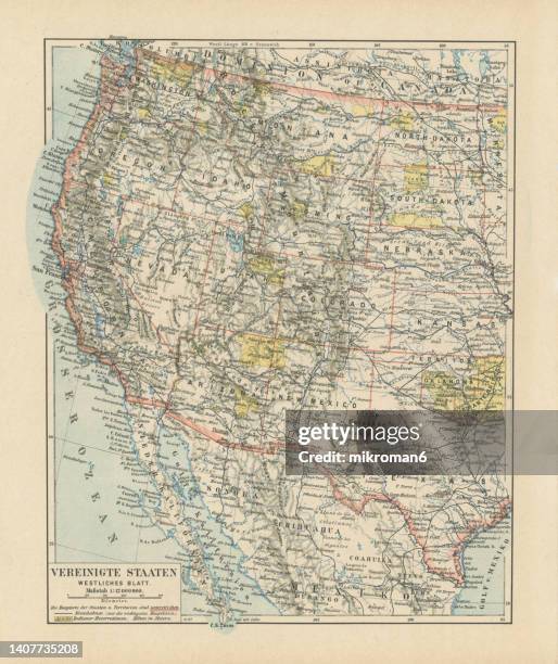 old chromolithograph map of western part of the united states - oregon v arizona stockfoto's en -beelden