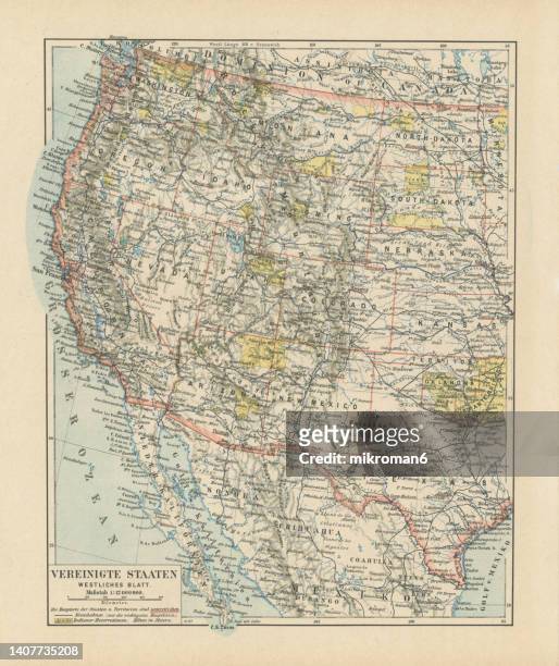 old chromolithograph map of western part of the united states - oklahoma v texas imagens e fotografias de stock
