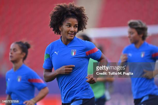 Sara Gama of Italy warms up during the UEFA Women's Euro 2022 Italy Training Session at The New York Stadium on July 09, 2022 in Rotherham, England.