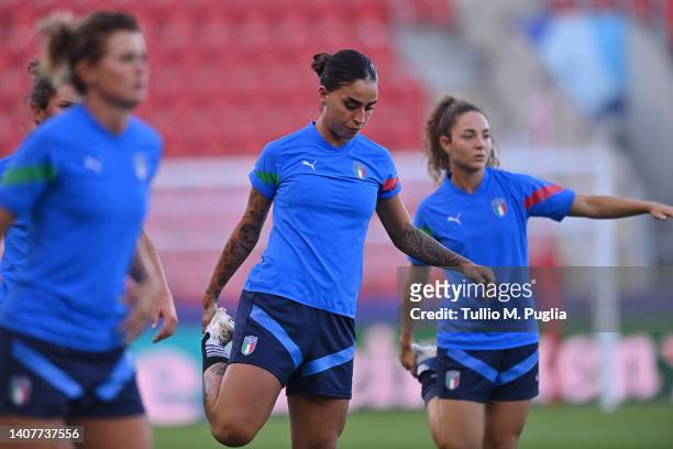 Martina Piemonte of Italy warms up during the UEFA Women's Euro 2022 Italy Training Session at The New York Stadium on July 09, 2022 in Rotherham,...