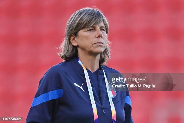 Milena Bertolini, Head Coach of Italy looks on during the UEFA Women's Euro 2022 Italy Training Session at The New York Stadium on July 09, 2022 in...