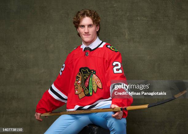 Paul Ludwinski, #39 pick by the Chicago Blackhawks, poses for a portrait during the 2022 Upper Deck NHL Draft at Bell Centre on July 08, 2022 in...