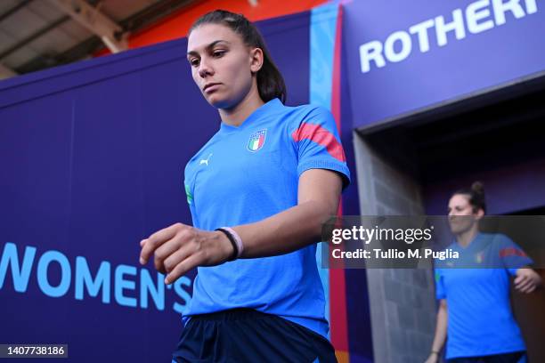 Agnese Bonfantini of Italy enters the pitch to warm up during the UEFA Women's Euro 2022 Italy Training Session at The New York Stadium on July 09,...