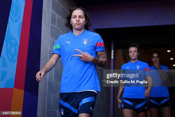 Elena Linari of Italy enters the pitch to warm up during the UEFA Women's Euro 2022 Italy Training Session at The New York Stadium on July 09, 2022...