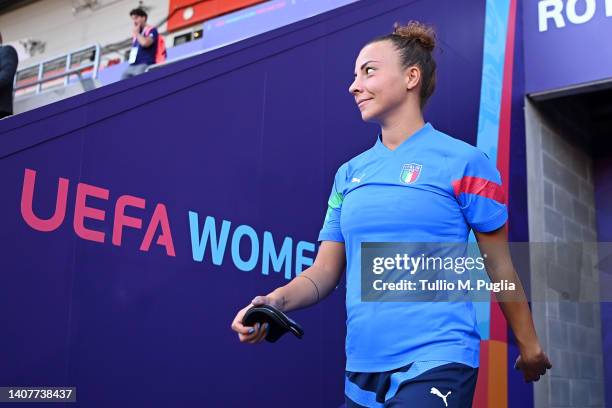 Arianna Caruso of Italy enters the pitch to warm up during the UEFA Women's Euro 2022 Italy Training Session at The New York Stadium on July 09, 2022...