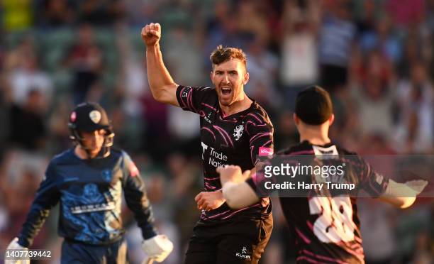 Craig Overton of Somerset celebrates the wicket of Harry Came of Derbyshire Falcons during the Vitality T20 Blast Quarter Final match between...