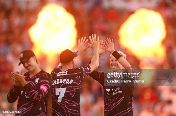 Peter Siddle of Somerset celebrates the wicket of Hilton Cartwright of Derbyshire Falcons during the Vitality T20 Blast Quarter Final match between...