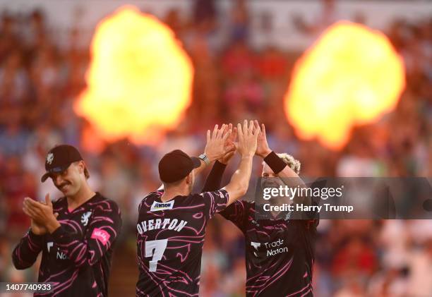 Peter Siddle of Somerset celebrates the wicket of Hilton Cartwright of Derbyshire Falcons during the Vitality T20 Blast Quarter Final match between...
