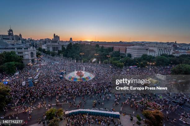 Views of Cibeles from the LGTBIQ Pride demonstration on July 9 in Madrid, Spain. The march, organized by COGAM and FELGTB, and vindictive and festive...