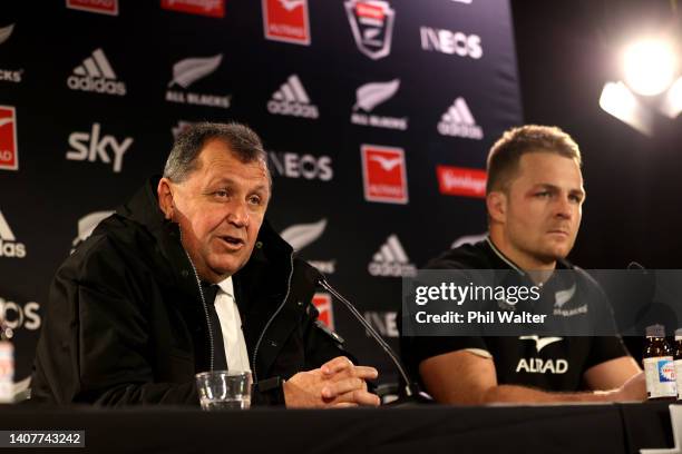 All Black coach Ian Foster and captain Sam Cane look on at the press conference following the International Test match between the New Zealand All...