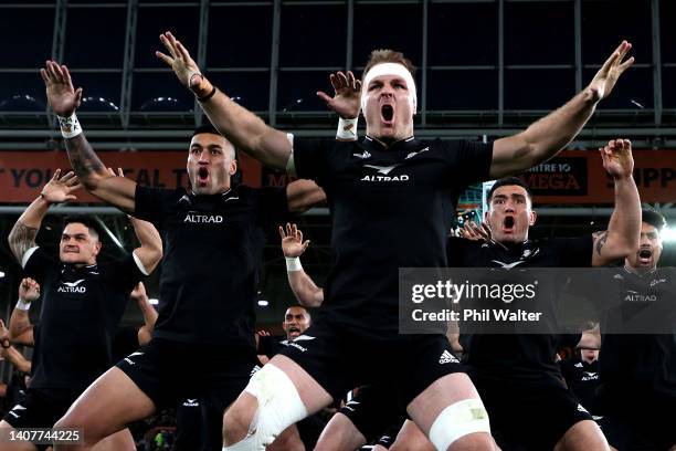Sam Cane of the All Blacks leads the haka during the International Test match between the New Zealand All Blacks and Ireland at Forsyth Barr Stadium...