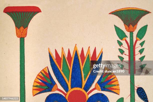 ancient egyptian art representation of papyrus and lotus flowers - middle east stock illustrations