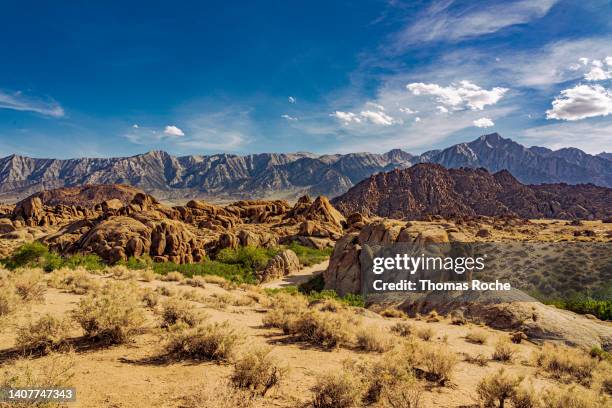 a view of the alabama hills in california - berg mount whitney stock-fotos und bilder