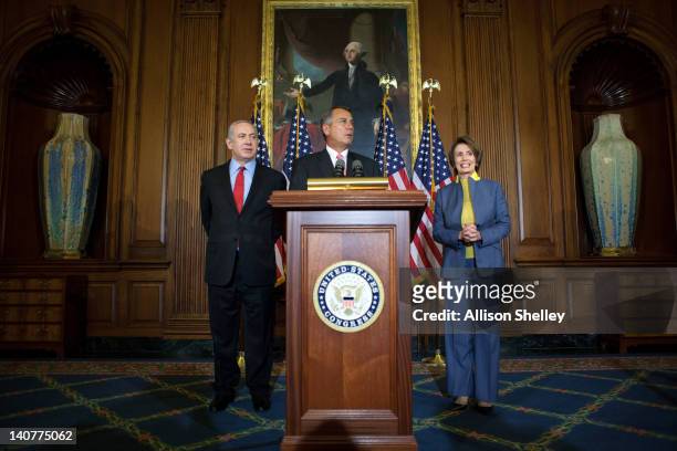 Speaker of the House Rep. John Boehner speaks as House Minority Leader Nancy Pelosi and Israeli Prime Minister Benjamin Netanyahu listen at a press...