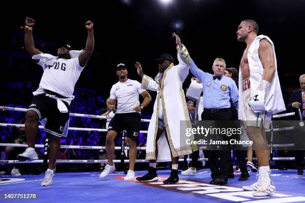 Derek Chisora celebrates victory in the WBA International Heavyweight Title Fight between Derek Chisora and Kubrat Pulev during the Matchroom fight...