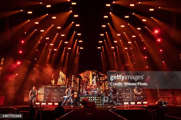 Mikkey Dee, Matthias Jabs, Klaus Meine, Rudolf Schenker and Pawel Maciwoda of The Scorpions during their performance at Menora Mivtachim Arena on...