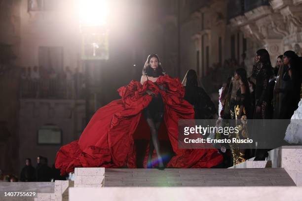 Model walks the runway at the Dolce & Gabbana haute couture fall/winter 22/23 event on July 09, 2022 in Siracusa, Italy.