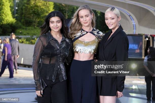 Actresses Iman Vellani, Brie Larson and Pom Klementieff attend Marvel Avengers Campus opening ceremony at Disneyland Paris on July 09, 2022 in Paris,...