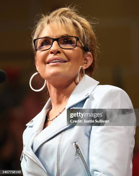 House candidate former Alaska Gov. Sarah Palin speaks during a "Save America" rally at Alaska Airlines Center on July 09, 2022 in Anchorage, Alaska....