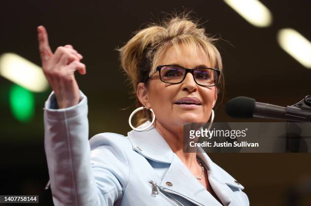 House candidate former Alaska Gov. Sarah Palin speaks during a "Save America" rally at Alaska Airlines Center on July 09, 2022 in Anchorage, Alaska....
