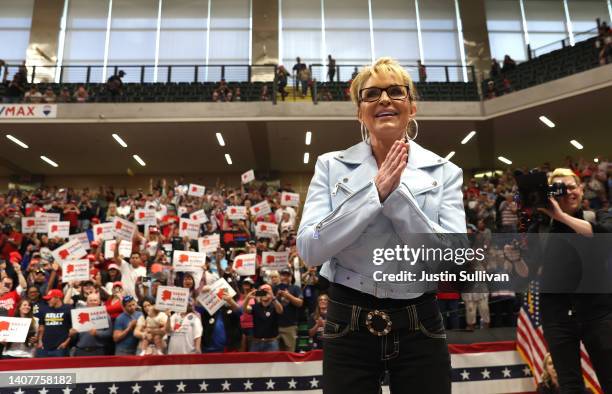 House candidate former Alaska Gov. Sarah Palin greets the crowd during a "Save America" rally at Alaska Airlines Center on July 09, 2022 in...