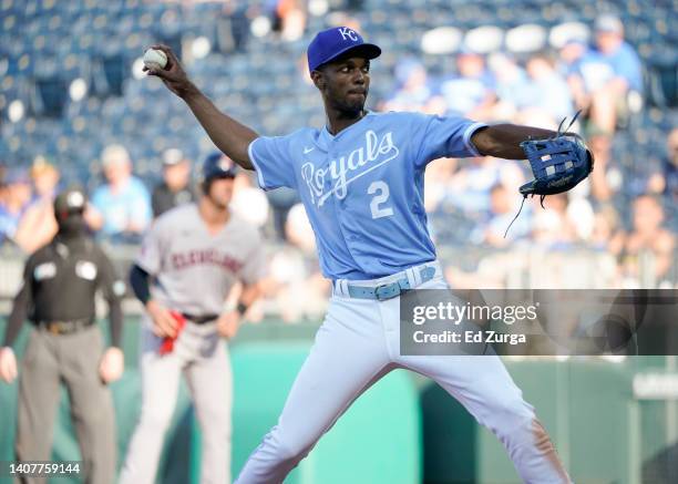 Michael A. Taylor of the Kansas City Royals throws in the ninth inning against the Cleveland Guardians at Kauffman Stadium on July 09, 2022 in Kansas...