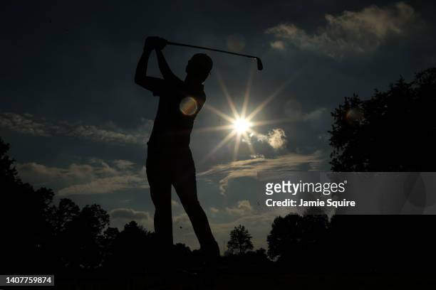 Michael Kim of the United States plays his tee shot on the second hole during the third round of the Barbasol Championship at Keene Trace Golf Club...
