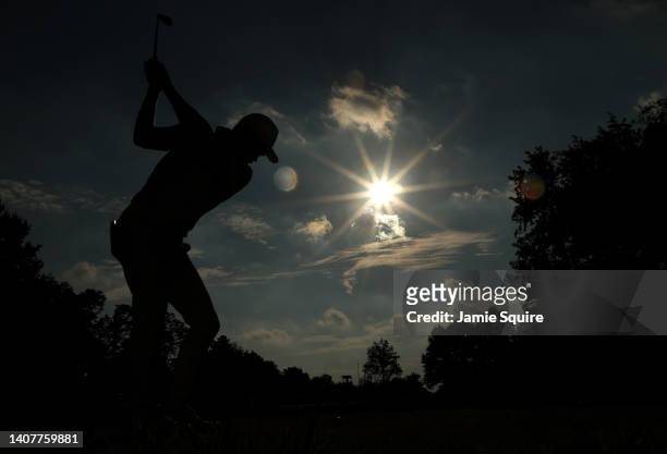 Camilo Villegas of Colombia plays his tee shot on the second hole during the third round of the Barbasol Championship at Keene Trace Golf Club on...