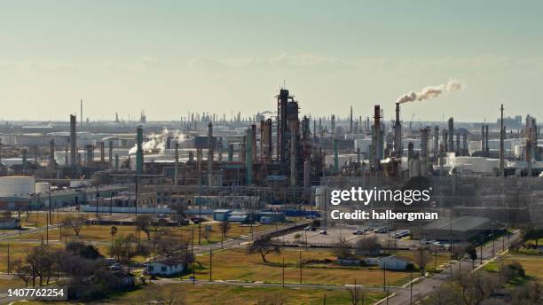 drone shot of oil refinery in corpus christi, tx - refinery stock pictures, royalty-free photos & images