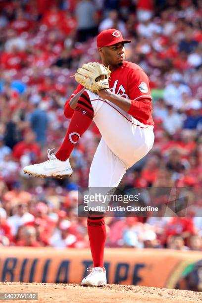 Hunter Greene of the Cincinnati Reds throws a pitch during the third inning in the game against the Tampa Bay Rays at Great American Ball Park on...