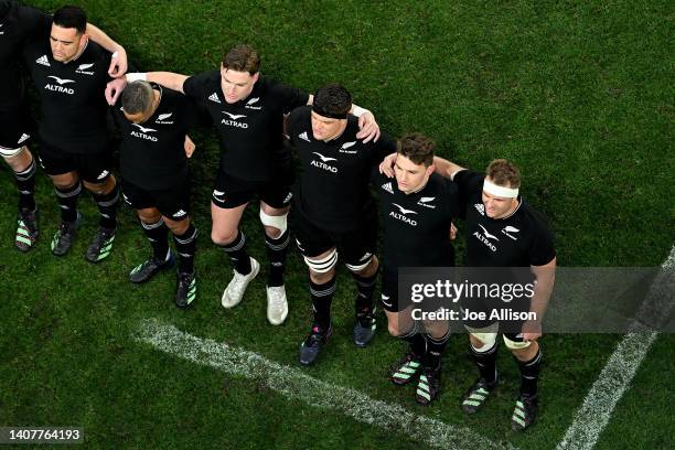 The All Blacks line up for the anthems during the International Test match between the New Zealand All Blacks and Ireland at Forsyth Barr Stadium on...