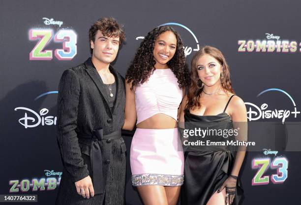 Pearce Joza, Chandler Kinney, and Ariel Martin attend the Disney+ Original Movie "Zombies 3" Los Angeles Premiere at Barker Hangar on July 09, 2022...