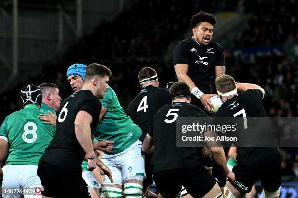 Ardie Savea of the All Blacks secures the ball from a lineout during the International Test match between the New Zealand All Blacks and Ireland at...