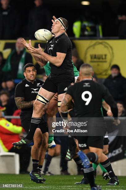 Brodie Rettaliock of the All Blacks secures the ball during the International Test match between the New Zealand All Blacks and Ireland at Forsyth...