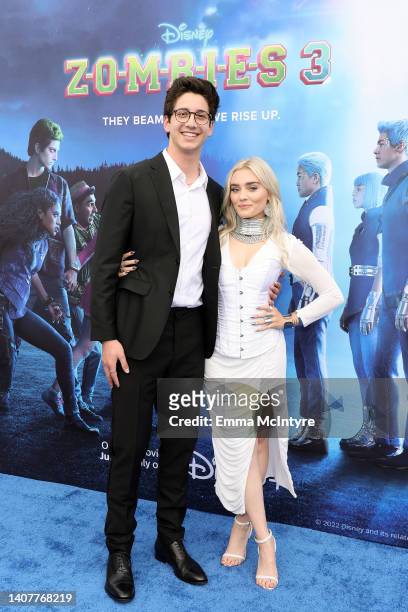 Milo Manheim and Meg Donnelly attend the Disney+ Original Movie "Zombies 3" Los Angeles Premiere at Barker Hangar on July 09, 2022 in Santa Monica,...