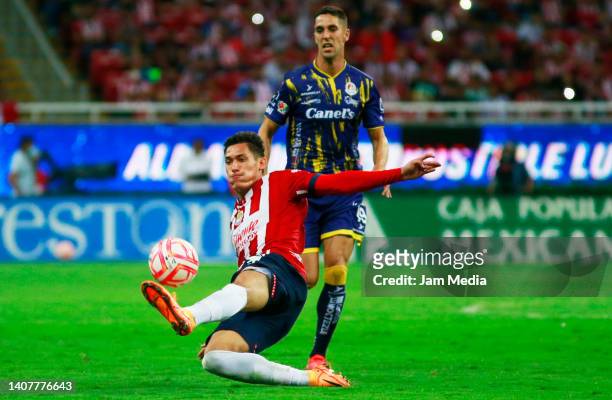 Jose Orozco of Chivas kicks the ball during the 2nd round match between Chivas and Atletico San Luis as part of the Torneo Apertura 2022 Liga MX at...