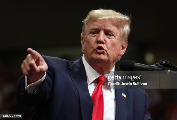 Former U.S. President Donald Trump speaks during a "Save America" rally at Alaska Airlines Center on July 09, 2022 in Anchorage, Alaska. Former...